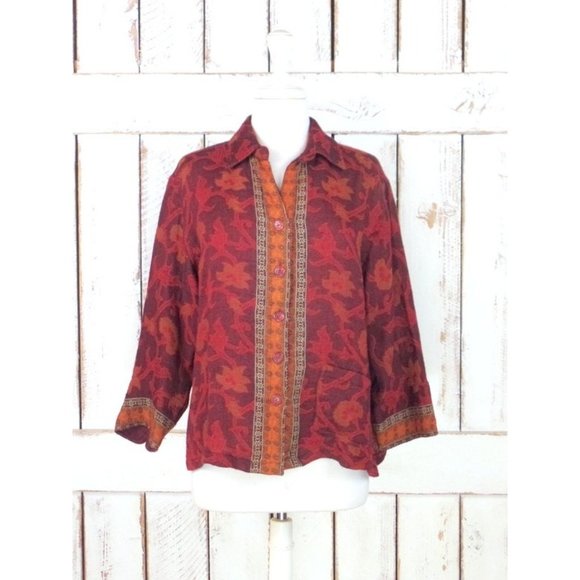 Vintage red/maroon/dark red woven floral wool boho festival blouse - Picture 4 of 4
